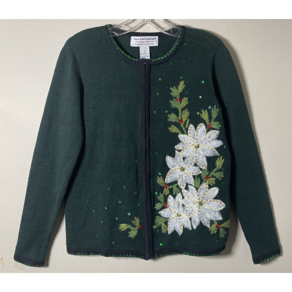 Tiara International Christmas Cardigan Sweater Womens M Green Poinsettia Big 90s